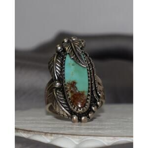 Vintage Carol Felley Sterling Silver Turquoise Leaf Ring 13.7G / Sz 7